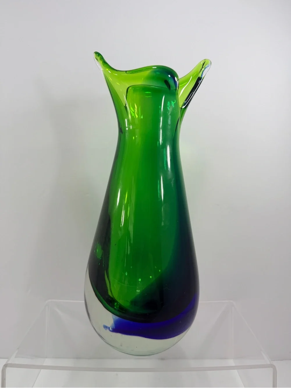 Vtg MCM Murano Style Sommerso Fishtail Vase - Emerald & Cobalt - 9.5